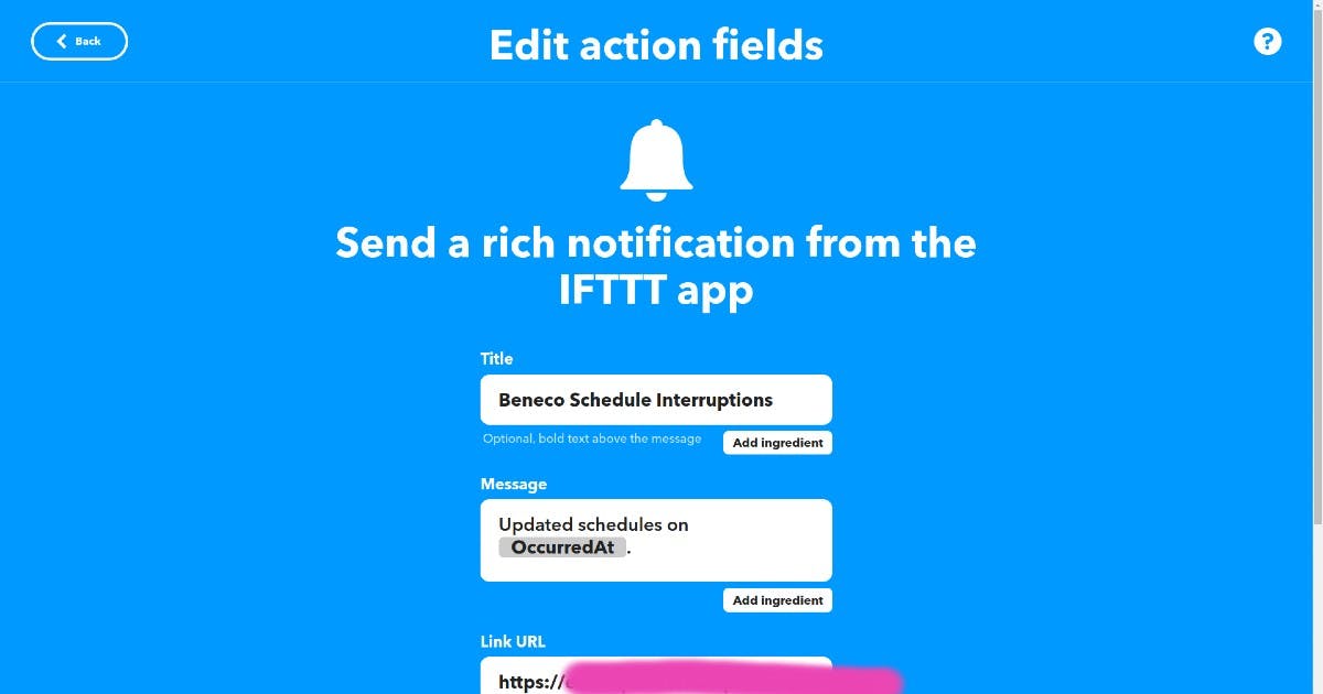 Screenshot of Edit action fields on IFTTT